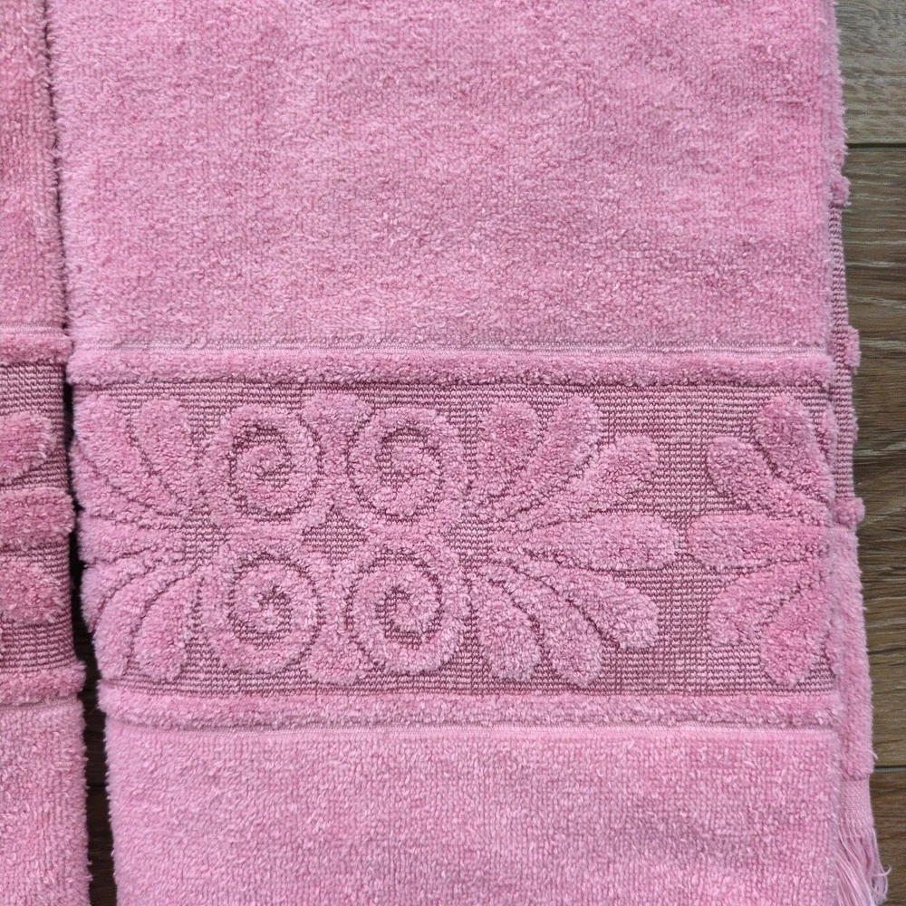 Vtg Cannon Monticello Towel Set Pink Santa Cruz Carved Floral Fringed Set of 6